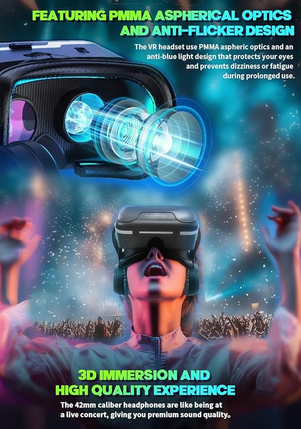 VR Headset with Built-in Headphones, 120° FOV & Aspherical Lenses for Smartphones - Immersive 3D Movies and Gaming Glasses