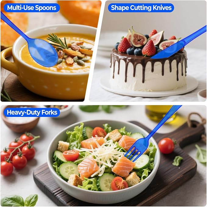 150 PCS Plastic Silverware Disposable Silverware Heavy Duty Utensil Sets 50 Of Each Forks Knives & Spoons Disposable Cutlery Set For Easter,Birthday,Baby Shower,Garden Party,Wedding(150,Blue)