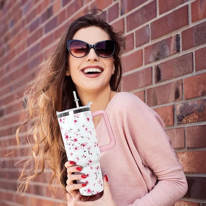 Ceovfoi 40oz Cherry Blossoms Insulated Stainless Steel Travel Tumbler with Handle, Lid and Straw, Pink Cherry Blossoms Floral Design, Perfect for Women, Adults, Home, Travel, Nursing