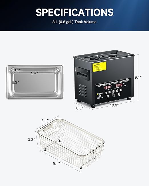 CREWORKS 3L Digital Ultrasonic Cleaning Machine with Degas and Gentle Mode, 120W Ultrasonic Cleaner Machine with Heater and Timer, 0.8 gal Ultrasound Cleaner for Retainer Watch Denture Glasses More