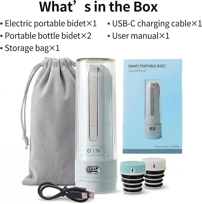 Electric Portable Bidet, Travel Toilet Hygiene Sanitation,3 Modes Foldable Peri Bottle with 2 Nozzles, High-Pressure Handheld Sprayer for Camping, Hiking, Cycling (Mint Green)