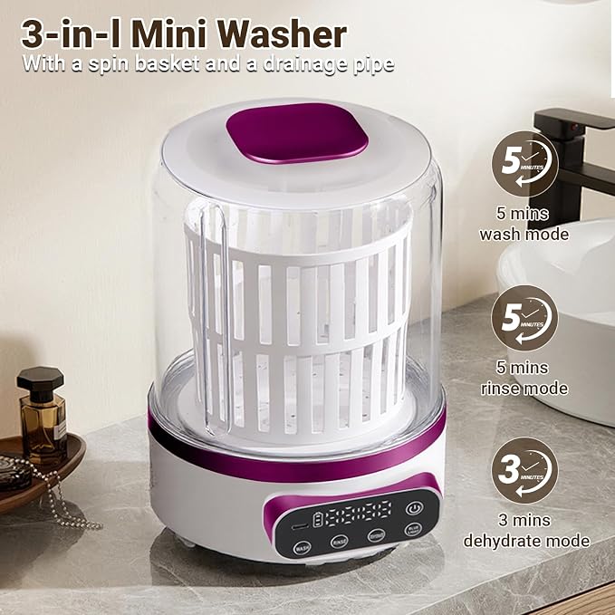3L Portable Washing Machine,3 In 1 Portable Washer-Dryer Combo, Home Mini Underwear-Specific Washing Machine,3 Modes 3000mAh Laundry Machine for apartments, dormitories, travel, and hotels (Purple)