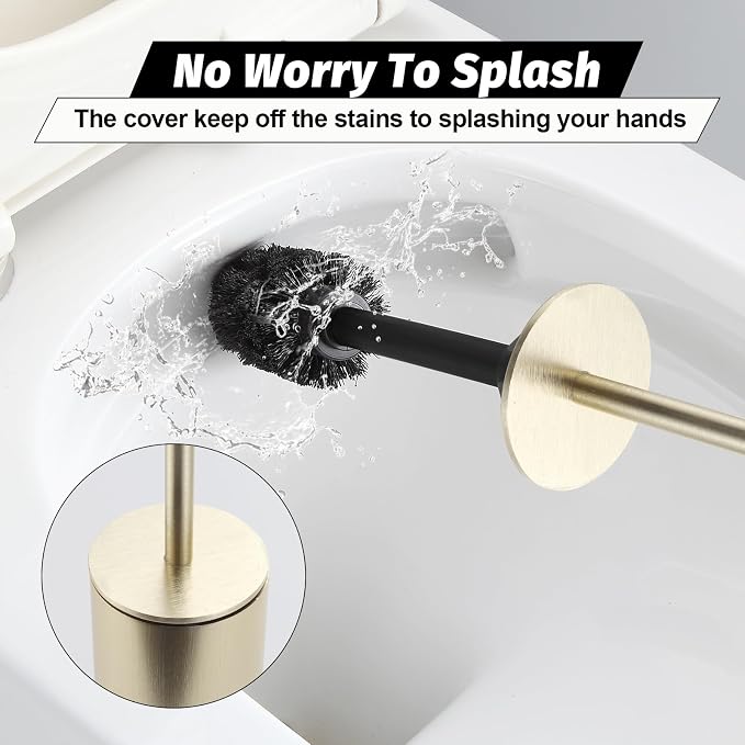 BGL Toilet Brush with Holder Set Brushed Gold Aluminium Standing for Bathroom Toilet Bowl Cleaner Brush and Holder Set, Round Design