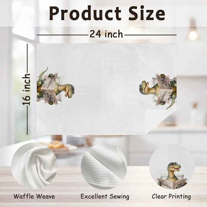 Funny Dinosaur Dino Hand Towels Set of 2 for Washroom Decor, Dino Dinosaurs Gifts Decorative Hand Towels for Boys Kids, Dinosaur Bathroom Decor, Dinosaurs Themed Dish Tea Towel, 16x24 Inch