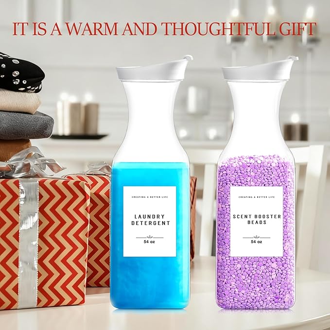 Laundry Detergent Dispenser Bottle 54oz with Waterproof Label for Laundry Detergent Soap Fabric Softener Scent Booster Beads, Sturdy PET Plastic Bottle, 2 Pack White