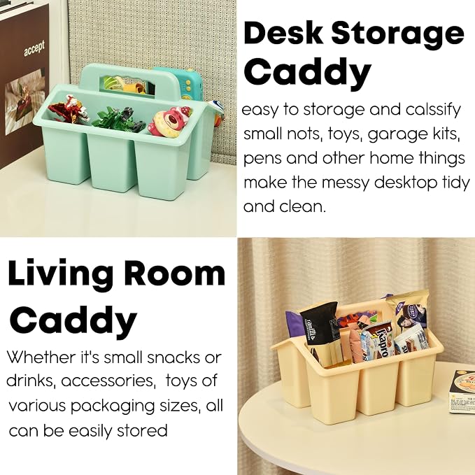 ALINK Classroom Caddy Storage Basket with Handle, 6 Pack Plastic Arts Office Crafts Caddy 4 Compartments for Kids, Pencil, Crayon, Marker, School Supplies - Macaroon
