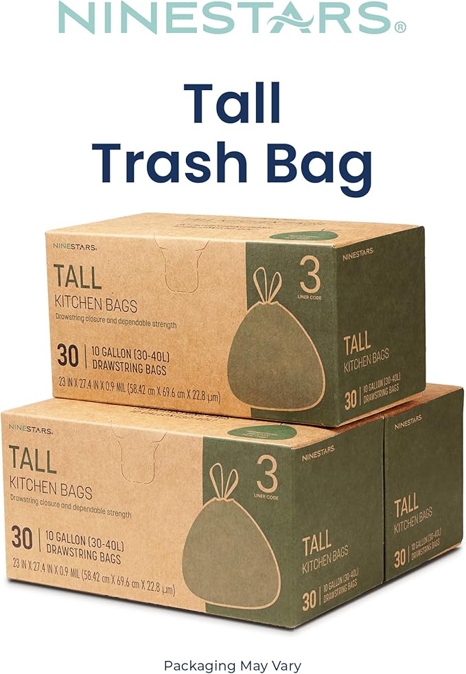 Ninestars Extra Strong Trash Bags with Drawstring, Multiple Sizes 90 Count, Kitchen Drawstring trash bags 90 Trash Bags (10 Gallon 90 ct White)