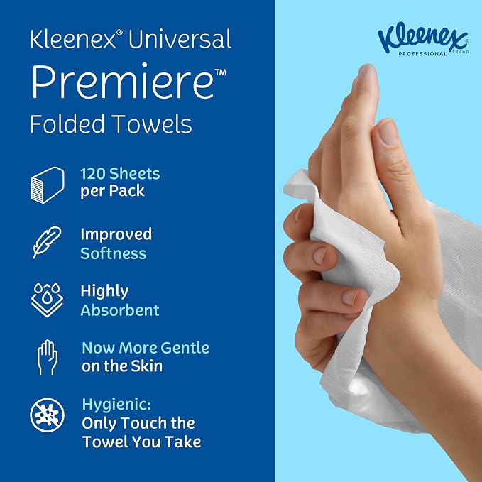 Kleenex Professional Premiere Towels, Bulk (13253), Fast-Drying Absorbency Pockets, Trifold, White (120 Sheets/Pack, 25 Packs/Case, 3,000 Sheet Total)