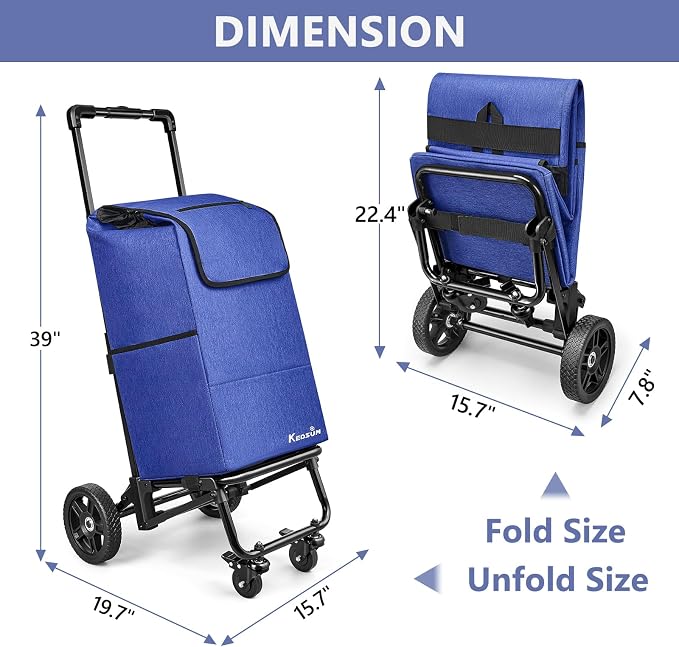 KEDSUM 3 in 1 Shopping Cart with Wheels, 60L/250LBS Multi Use Grocery Cart with 7" Big Wheels & Removable Waterproof Bag, Personal Shopping Carts for Groceries, Telescoping Handle & Thickened Steel