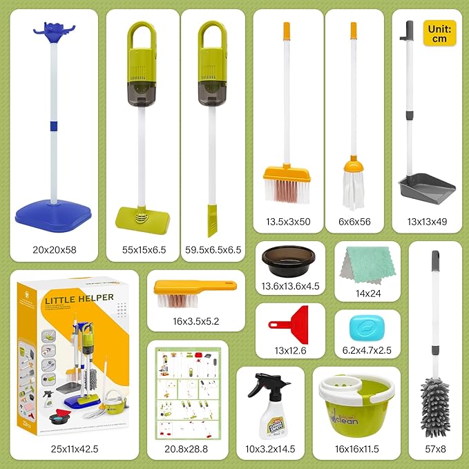 Dreamon Toddler Cleaning Set - 14Pcs Kids Cleaning Toy Set with 2-in-1 Kids Vacuum that Really Works, Pretend Home Cleaning Play Set for Toddler Age 3-7, Christmas Birthday Gift for Girls Boys(Blue)