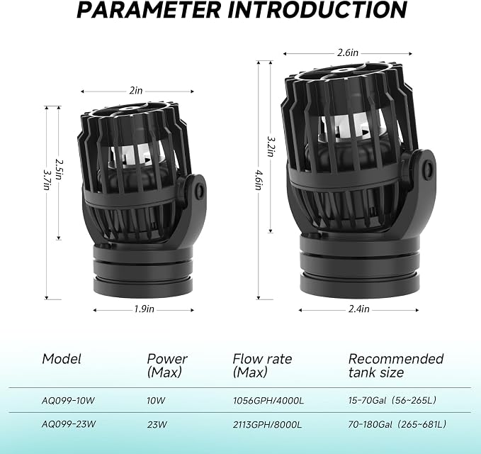 AQQA Wave Maker for Aquarium Circulation Pump with Controller, 2113GPH DC Powerhead with Strong Magnetic Suction Base, 360° Rotating Aquarium Wavemaker for 70 to 180 Gal Saltwater Tank (23W)