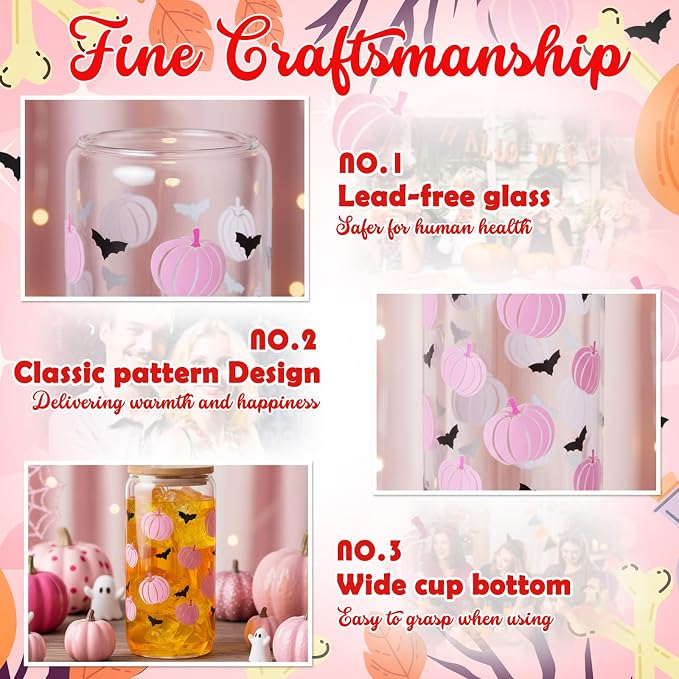 Sliner 2 Pcs Halloween Glass Cups Pink Pumpkin Bat Drinking Tumbler Fall Thanksgiving Gifts 16 oz Cute Iced Coffee Cup with Lid Straw Cleaning Brush for Autumn Home Office Holiday Decorations