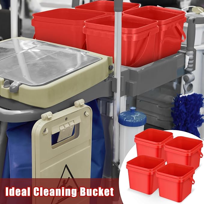 Jingmore 4 Pcs Plastic Bucket 5 Quart Square Bucket Utility Small Pail with Handle Sturdy Pail Organizer for House Cleaning Storage Livestock Feeding Car Washing Food Storage, No Lids(Red)