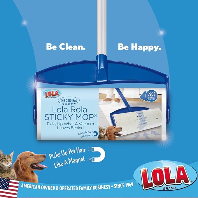 LOLA Rola Sticky Mop Refills, Giant Adhesive Roller, 180 Sheets, Traps Dirt, Dust & Hair, Pet Hair Remover, Floor & Carpet Cleaner, 6 Pack