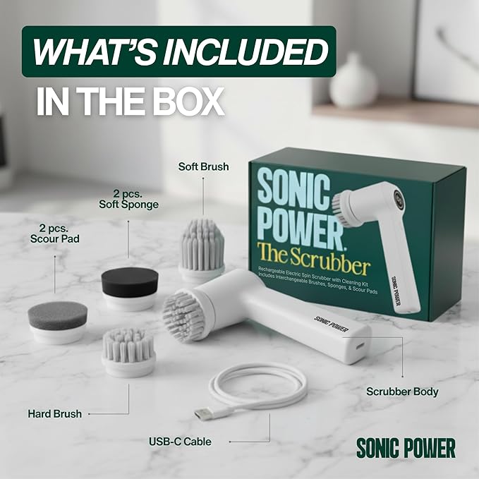 SonicPower Electric Spin Scrubber – Handheld & Ergonomic, IPX7 Waterproof, 4 Multi-Purpose Brush Heads, Long-Lasting Rechargeable Battery – Cleans Dishes, Bathroom, Tile, Grout & Kitchen (White)