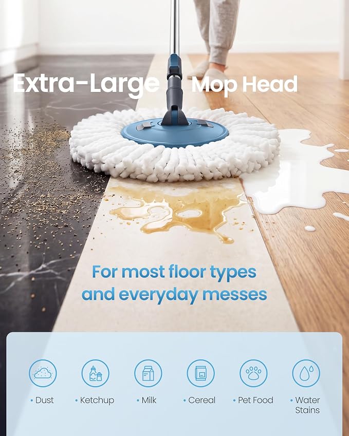 SONGMICS Spin Mop and Bucket Set with Pedal Wringer, Floor Cleaning Mop, Adjustable Telescopic Handle, Max. 59.1-Inch Length, 360° Rotating Head, 4 Microfiber Pads, Blue and Gray ULMB002QT04