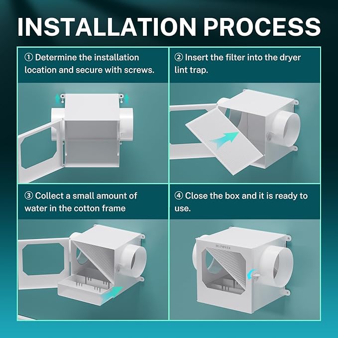 Upgrade Metal Dryer Duct Lint Trap, HG Power Indoor Dryer Vent Catcher Kit with Stainless Steel Mesh & Water Drawer to Collect Lint for Electric Dryer with 4 Inch 8FT Dryer Vent Hose, 2 Clamps
