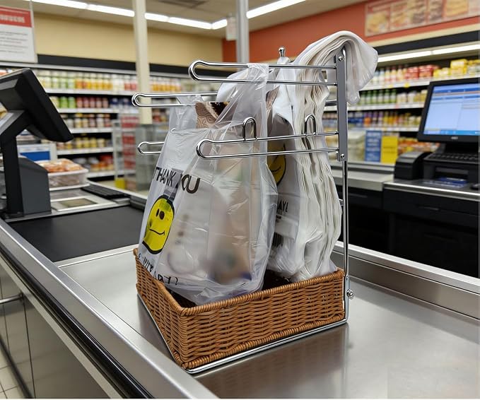 T-shirt shopping bag rack and dispenser, grocery store counter plastic bag rack with a nice wicker basket base, transforms cluttered shopping bags into a neat and easy-to-use storage solution