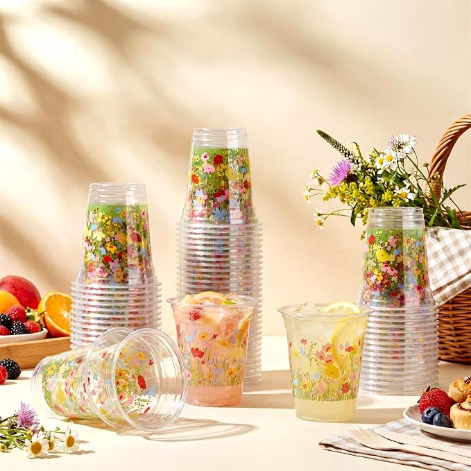 Qinyoung 100 Pcs Plastic Cups 12oz Disposable Cups Bulk Drinking Cup for Cold Drinks Baby Shower Wedding Birthday Valentine's Day Party Supplies (Wildflower)