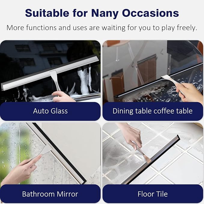 TOOVEM 14 Inch Shower Squeegee for Glass Doors, Window, Bathroom, Car Windshield, Shower Cleaning Tools with S Hook, Square Sticky Hook (Silver)