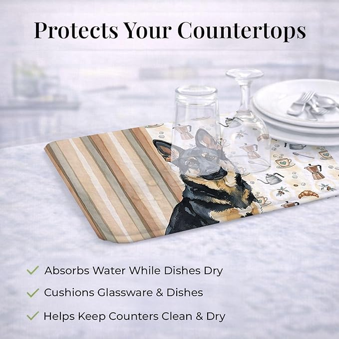 Caroline's Treasures Black and Tan German Shepherd Coffee Bar Dish Drying Mat Absorbent Dish Drying Mat Pad for Kitchen Counter Dish Drainer Mat for Countertop, 14 x 21", Multicolor