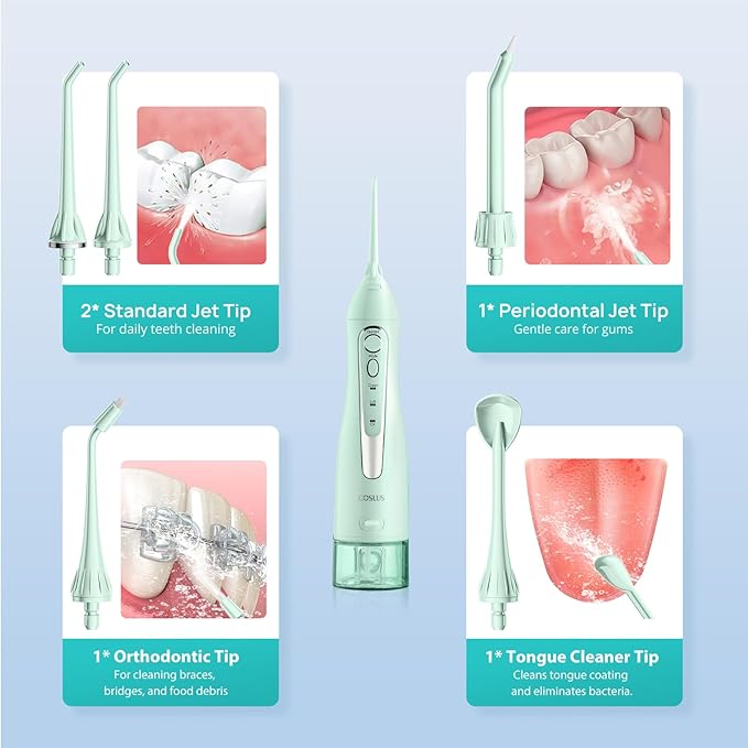 COSLUS Water Dental Flosser Teeth Pick C20: Portable Cordless Oral Irrigator 300ML Rechargeable Travel Irrigation Cleaner IPX7 Waterproof Electric Flossing Machine for Teeth Cleaning, Green