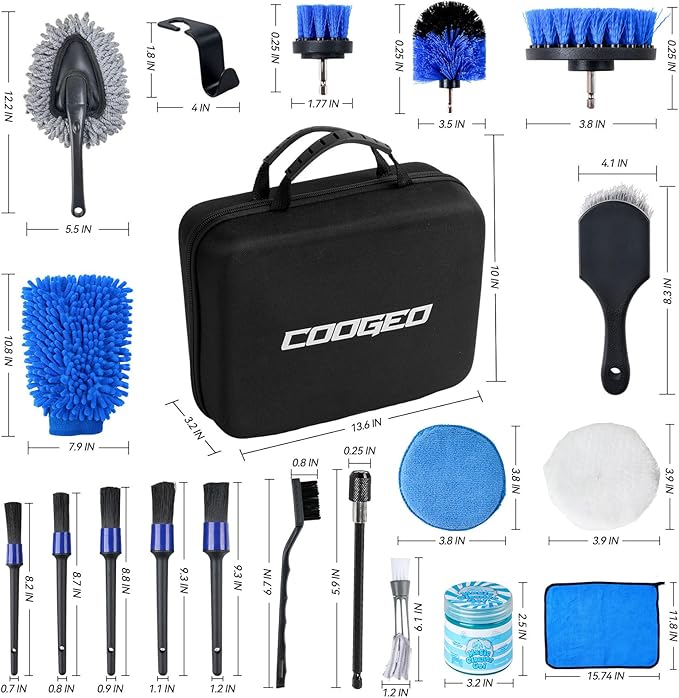 COOGEO 29Pcs Car Detailing Kit,Compelete Car Cleaning Kits Interior Cleaner with Detailing Brushes,Drill Brush Heads,Car Wash Kit with Cleaning Gel,Wash Mitt,Car Hooks,Car Care Gift for Men