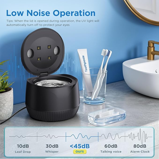 Dental Ultrasonic Retainer Cleaner Machine: 45kHz Dental Cleaning Pod with Digital Timer & 200ML, Cleaning for Dentures, Mouth Guards, Aligners, Night Guards, Braces, Toothbrush Heads & Jewelry, Black