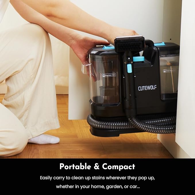 Cutewolf Portable Carpet and Upholstery Cleaner, Powerful Suction Carpet Cleaner with Dual Brush Heads, Deep Stain, Spot & Odor Remover for Carpets, Area Rugs, Couches, Auto Interior (Black)