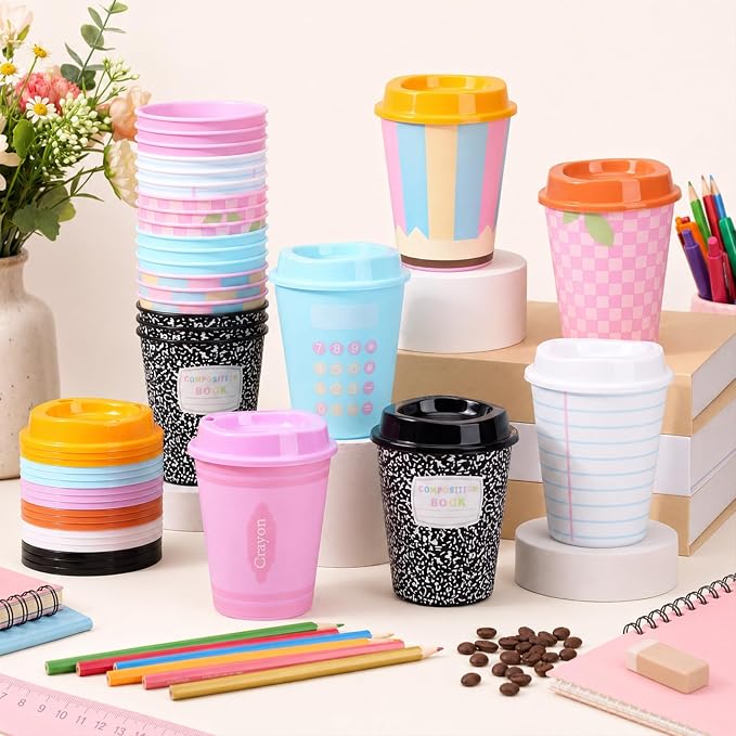 Skylety 24 Pcs Back to School Cups Bulk 12oz Classic and Pastel Style Reusable Plastic Coffee Cups with Lids First Day of School Gifts for Teachers Students Party Favors Supplies (Pastel)