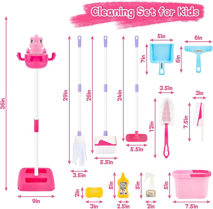 deAO Kids Cleaning Toy Set Toddlers Cleaning Set Housekeeping Pretend Play Toy Cleaning Set Kids Broom and Mop Set for Ages 3+ Christmas Birthday Toys for Girls Boys