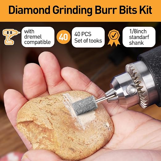 46-Grit and 120-Grit Diamond Grinding Burr Bits Set 1/8" Shank Compatible with Dremel Rotary Tool, 40Pcs Attachment Accessories Carving Burrs for Polishing, Grinding, Carving on Glass, Ceramic, Stone