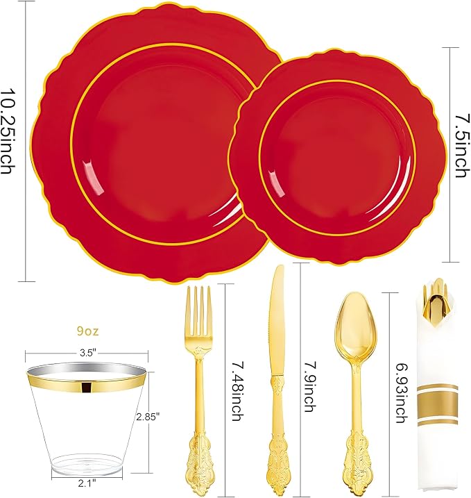 Liacere 350PCS Red Plastic Plates - Red Disposable Plates With Gold Rim - 50Guest Baroque Plastic Dinnerware include 100Plates-50Pack Pre Rolled Napkins with Silverware 50Cups for Independence Day