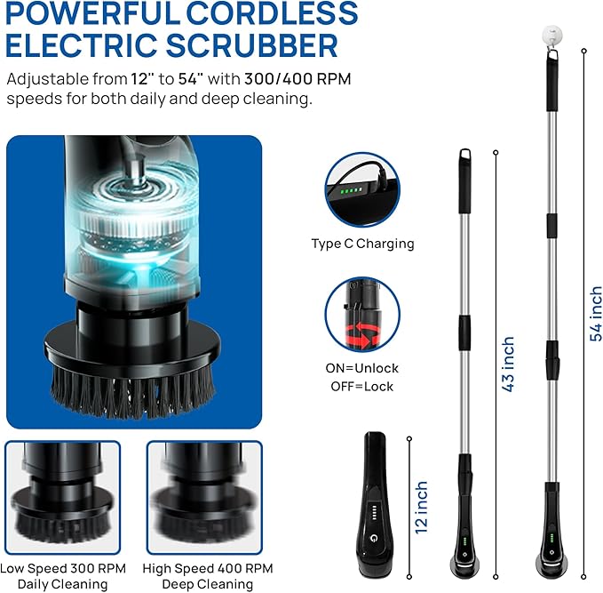 2025 Upgraded Electric Spin Scrubber โ Shower Scrubber with Long Handle, Cordless Electric Cleaning Brush, 400 RPM Dual-Speed, IPX5 Waterproof, 90-Min Runtime, 8 Brush Heads for Powerful Cleaning