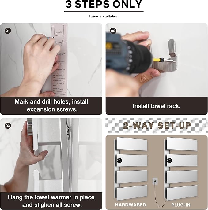 K&KALONZO Electric Towel Warmer, 18.35" W x 31" H Wall-Mounted Towel Heater with Built-in Timer, Waterproof Aluminum Towel Warmer for Bathroom, Support Plug-in and Hardwired, Silver, K4-L-S