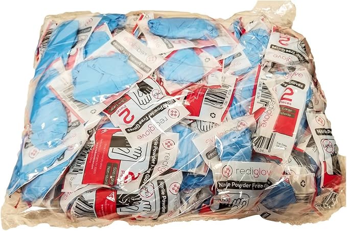 100 pairs Blue Nitrile powder free Disposable Emergency Gloves - 1 pair per bag First Aid / CPR / Bloodborne Pathogen Kit gloves (100)