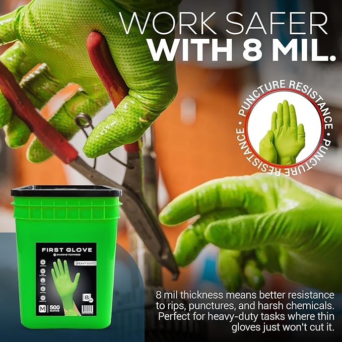 First Glove 8 Mil Green Diamond Texture Nitrile Bucket of Gloves - Industrial Nitrile Gloves - Latex-Free - 500 count