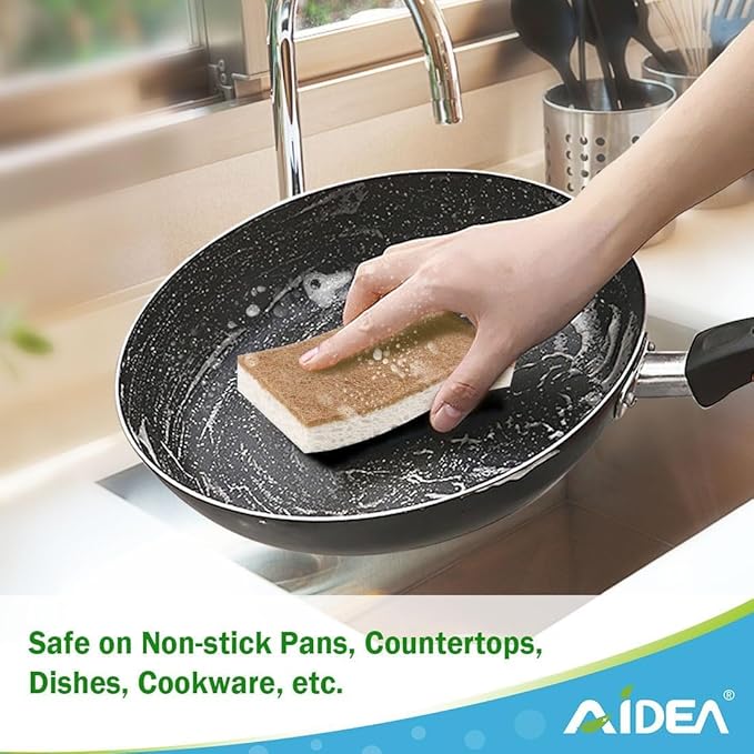 AIDEA Sponges Non Scratch, 24Count, Natural Sponge for Non Stick Cookware, Sponges Kitchen, Cellulose Scrub Sponge for Dishes, Cleaning Power for Kitchen, Bathroom, Household