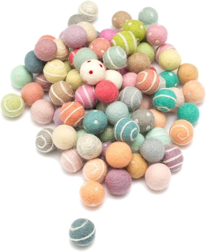 Glaciart One Felt Pom Poms, Wool Felt Balls with Swirls & Dots (90 Pieces) 2 cm – 0.8 Inch, Handmade Felted 30 Color Pastel Bulk Small Puff for Felting and Garland