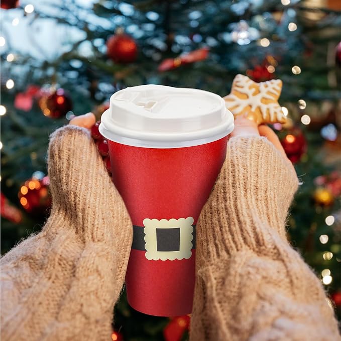 Dandat 16 oz 48 Pcs Christmas Coffee Paper Cups with Lids Disposable Christmas Paper Cups for Hot Cocoa Tea Beverage Holiday Xmas Party Supplies