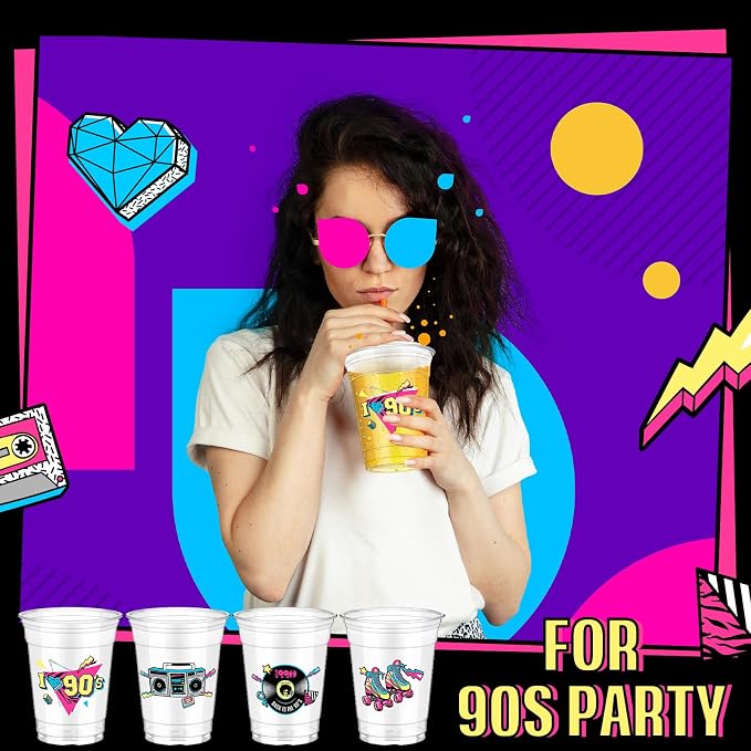 Pickmesh 50 Pcs 90s Theme Party Decorations Back to 90's Plastic Cups Hip Hop Party Supplies 12 oz Thick Clear Disposable Drinkware Cups Retro Music Supplies