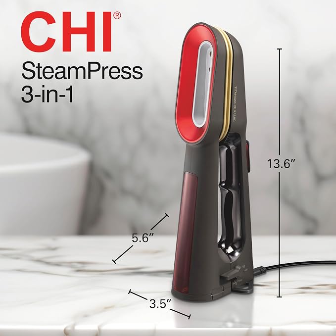 CHI SteamPress 3-in-1 Handheld Garment Steamer & Press Iron for Clothes, Titanium Ceramic Soleplates, 9 Minutes Steaming, 25 Second Fast Heatup, 10’ Cord, Black