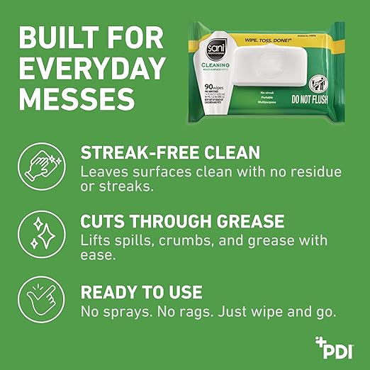PDI Sani-Professional Cleaning Wipe, Multi-Surface, Fresh Scent, Degreasing, Non - Streak, For Kitchen, Restaurant Tables, Glass, Treated Wood, 90 Count, Pack of 12 (1080 Total Wipes)