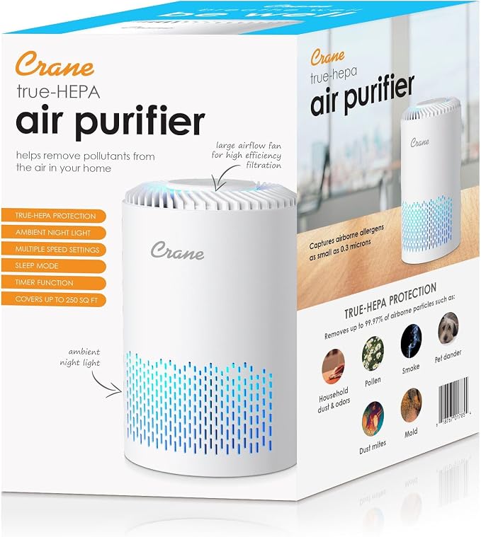 Crane True HEPA Air Purifier for Home, Bedroom, and Dorm Room, Up To 150 Sq Ft Small Air Purifier for Dust, Smoke, Dander, Bedroom Essentials, Features 4-8 Hour Timer, Night Light, Aroma Tray