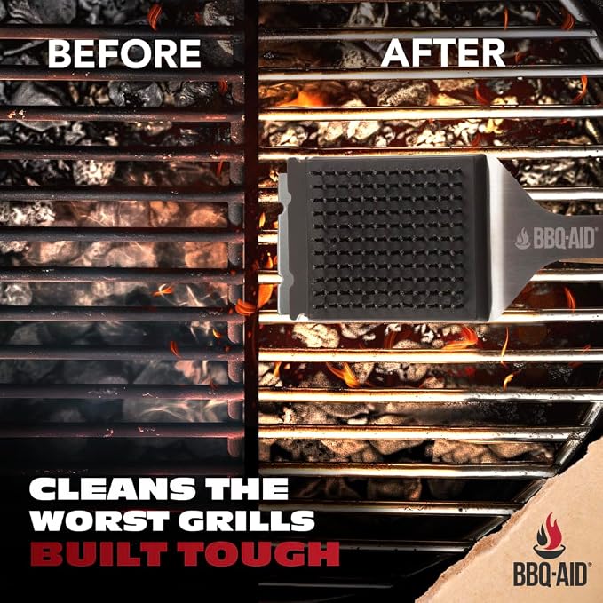 Wire Brush & Scraper for BBQ Grill Cleaning with Replaceable Head - Red | Heavy-duty stainless steel with a long acacia wood handle for better grip and a convenient replaceable head.