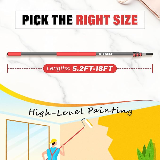 DIYSELF 18 FT Extension Pole, 5.2-18 Ft Adjustable Telescoping Pole with Aluminum Handle, Paint Roller Extension Pole for High Reach Painting, Cleaning & Gutter Washing