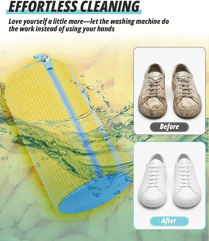 Shoe Washing Machine Bag, 3 Pack Shoe Cleaning Bag for Washer and Dryer, 360° Deep Cleaning Reusable Shoes Laundry Bags for Sneakers with Zipper Protection and Side Mesh Pouch, Yellow