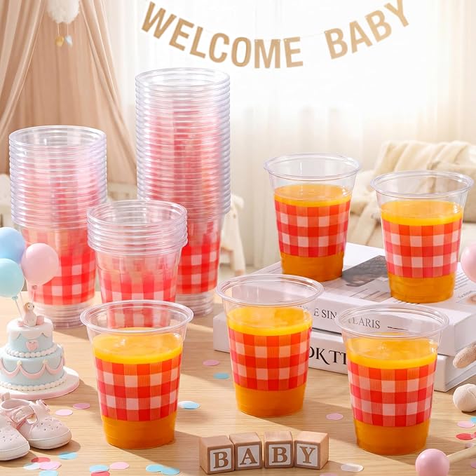 100 Pcs Red Gingham Plastic Cups 12 oz Red Checkered Plaid Disposable Plastic Drinking Cups Bulk for Baby Shower Wedding Birthday Christmas Party Decoration Supplies