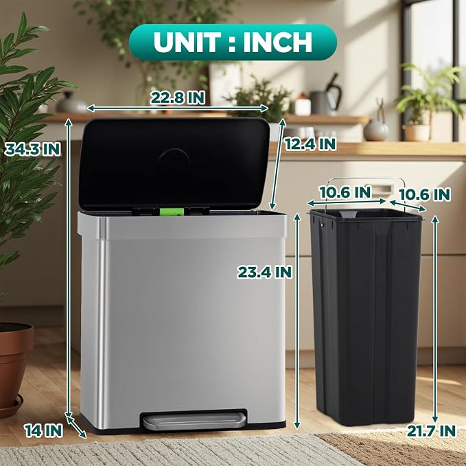 FDW 16 Gallon / 60 L Garbage Can Kitchen Trash Can with Lid for Office Bedroom Bathroom Step Trash Bin Fingerprint-Proof Brushed Stainless Steel 16 Gallon / 60 Liter