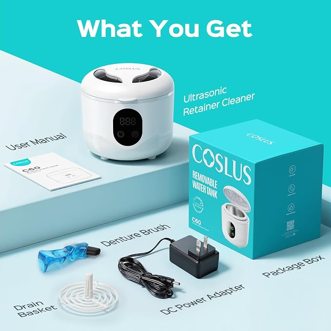 COSLUS C60 Ultrasonic Retainer Cleaner Machine: 45kHz Professional Dental Cleaning Pod for Denture, Mouth Guard, Aligner & Jewelry Deep Cleaning - Removable Tank, Upgraded Durable for Home Use, White